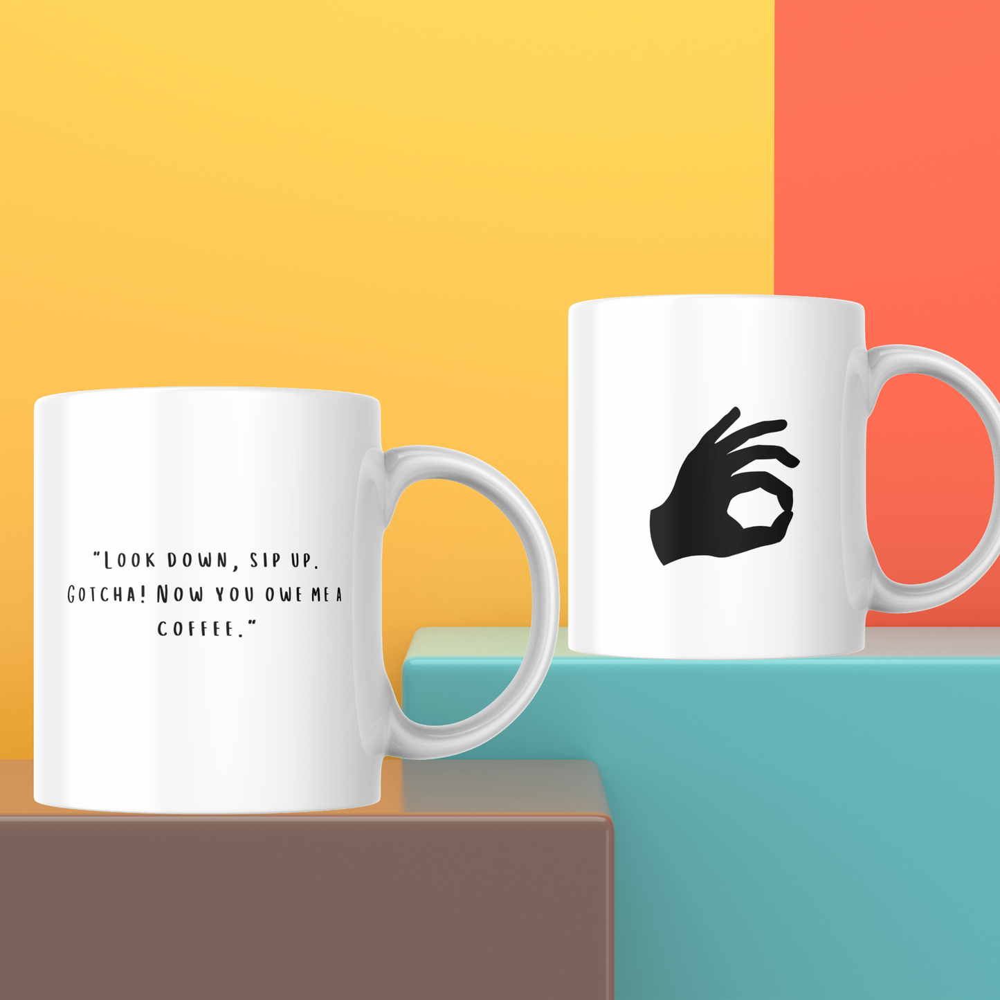 Look Down, Sip Up – Gotcha Coffee Mug with Funny Hand Symbol