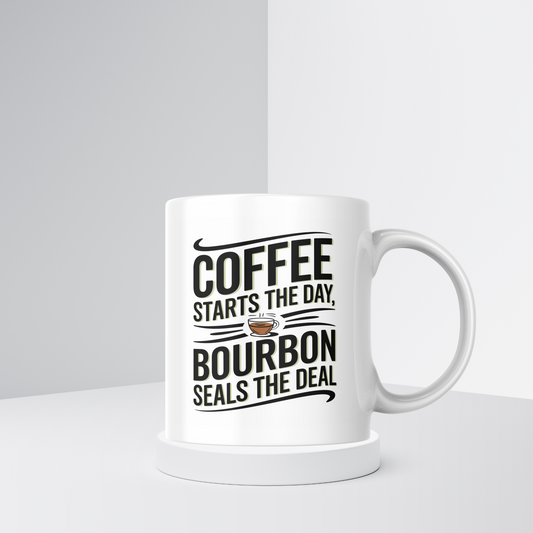 Coffee Starts the Day, Bourbon Seals the Deal – Funny Coffee & Bourbon Mug